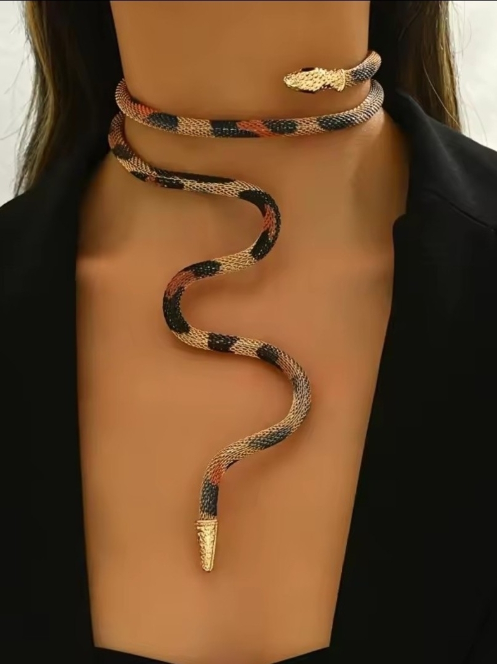 Gold Snake Coil Choker Necklace with Black and Brown Accents